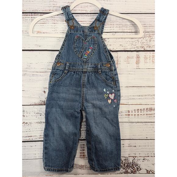 Oshkosh Baby Girl size 18 months Rainbow Heart Denim Jean Bib overalls vestbak - Picture 1 of 3